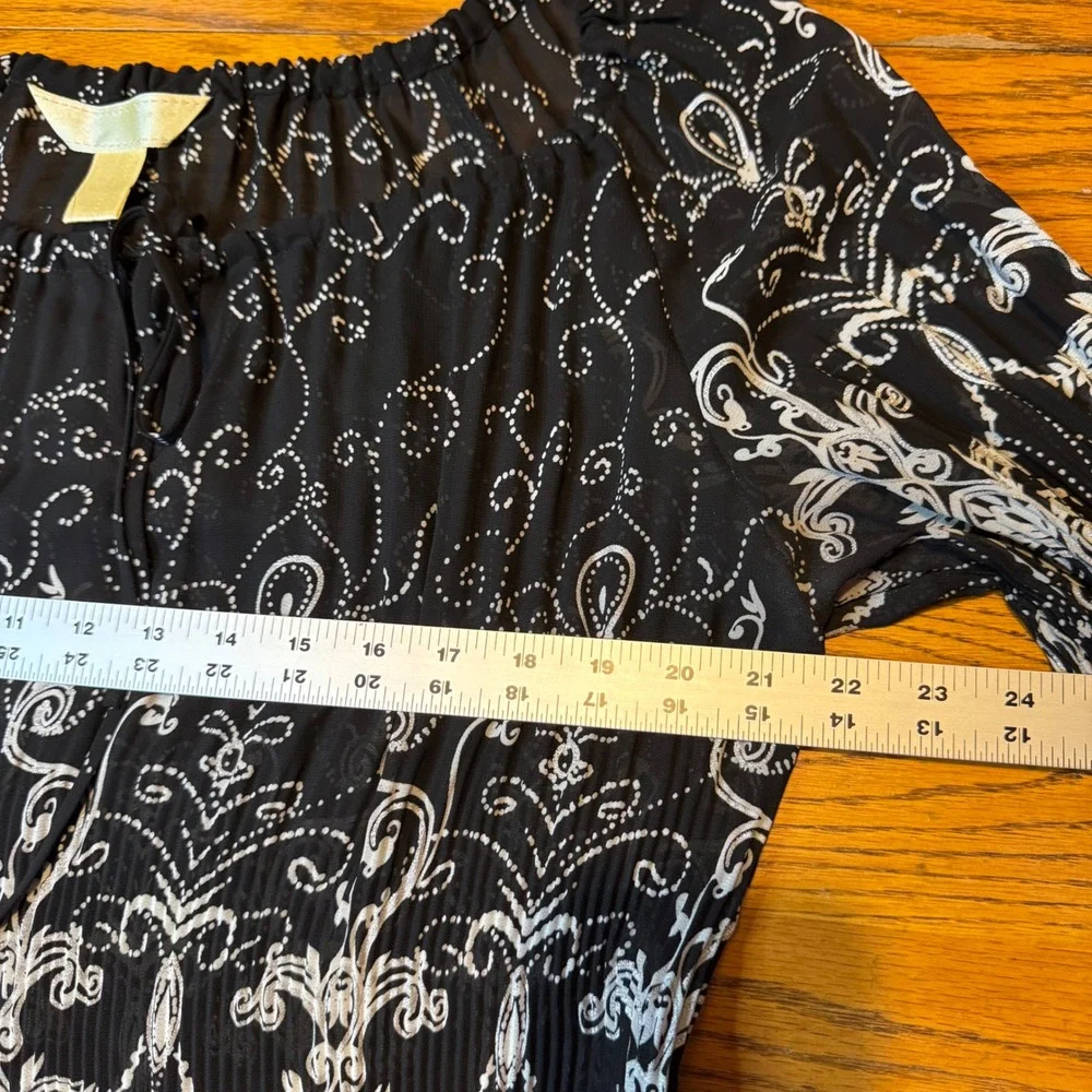 Vtg Black White Boho Peasant Top Sheer Crinkle 3/4 Sleeve Floral Scroll Print XL - Picture 7 of 8
